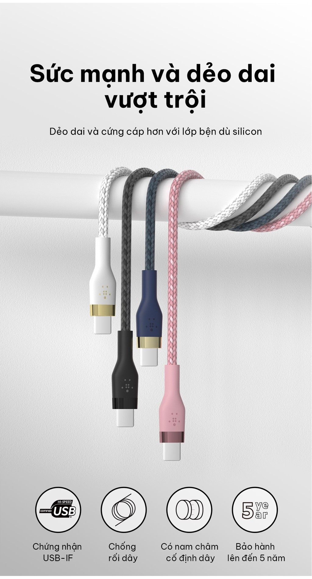 Mô tả Cáp sạc nhanh USB Type C - C BOOST↑CHARGE™ PRO Flex Belkin vỏ silicone bọc dù 60W 1M B7 (tương thích iPhone 15) - 1