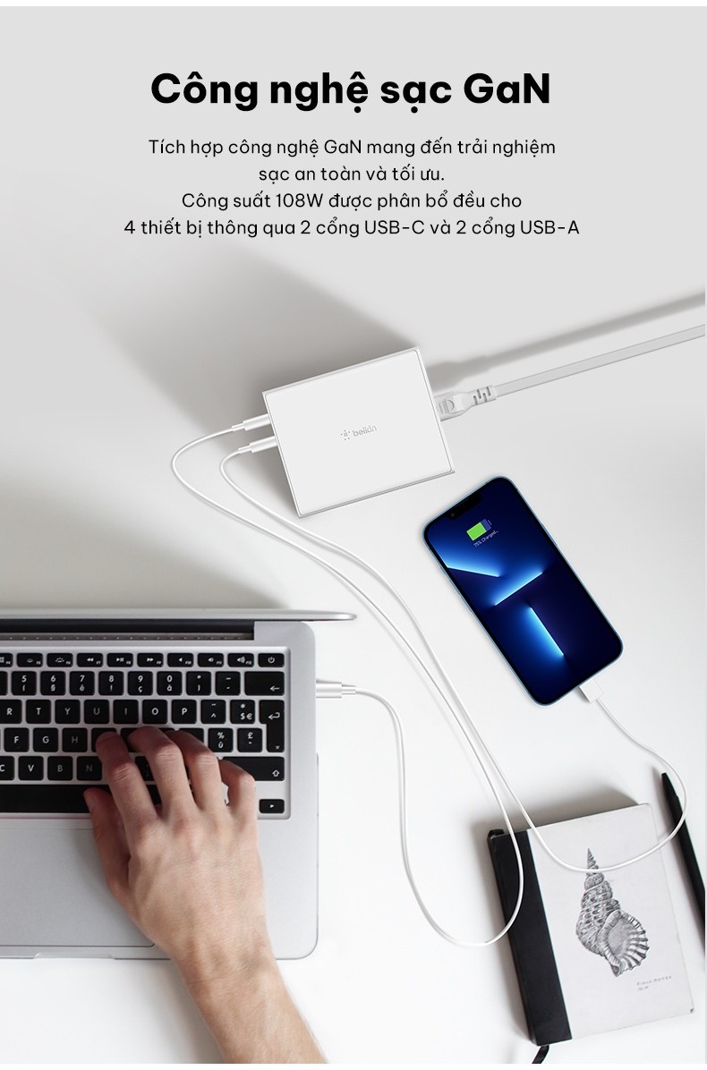 Mô tả Sạc nhanh BOOST↑CHARGE™ PRO Belkin 108W (4 cổng) GaN - 2 USB C và 2 USB A B7 (tương thích iPhone 15) - 2