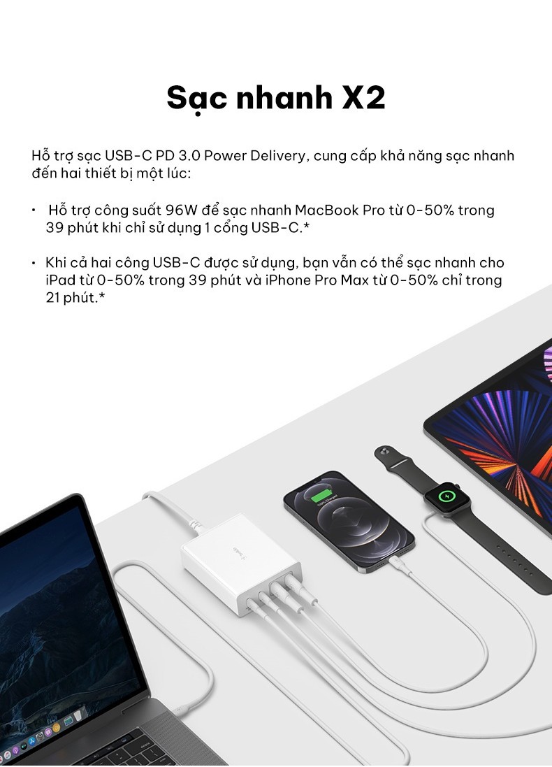 Mô tả Sạc nhanh BOOST↑CHARGE™ PRO Belkin 108W (4 cổng) GaN - 2 USB C và 2 USB A B7 (tương thích iPhone 15) - 6