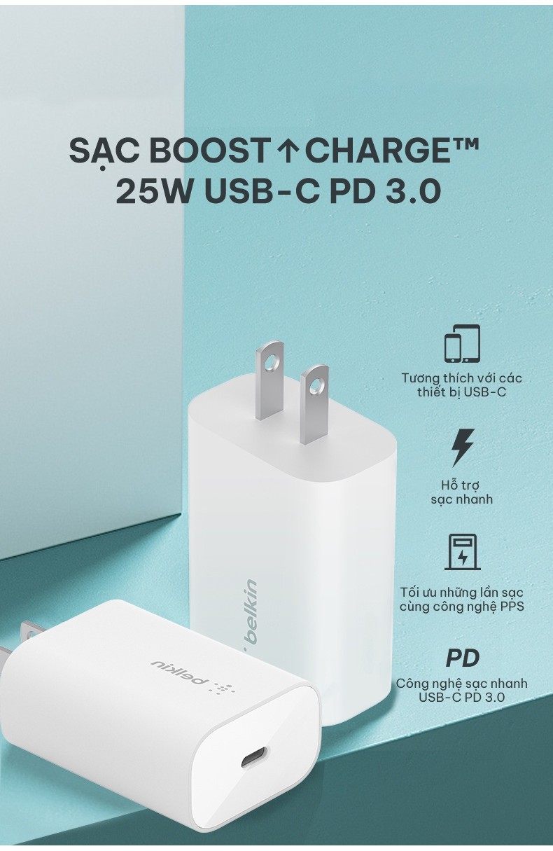 Mô tả Củ sạc nhanh Belkin BOOST↑CHARGE™ 25W, chuẩn USB-C PD PPS, sạc nhanh an toàn cho thiết bị - 1