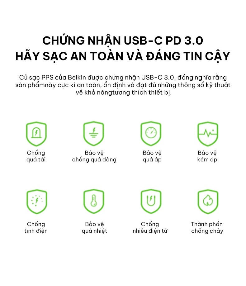 Mô tả Củ sạc nhanh Belkin BOOST↑CHARGE™ 25W, chuẩn USB-C PD PPS, sạc nhanh an toàn cho thiết bị - 5