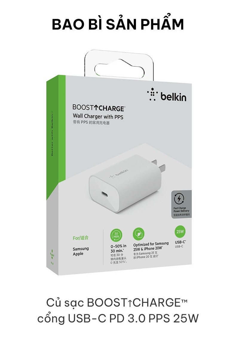 Mô tả Củ sạc nhanh Belkin BOOST↑CHARGE™ 25W, chuẩn USB-C PD PPS, sạc nhanh an toàn cho thiết bị - 8