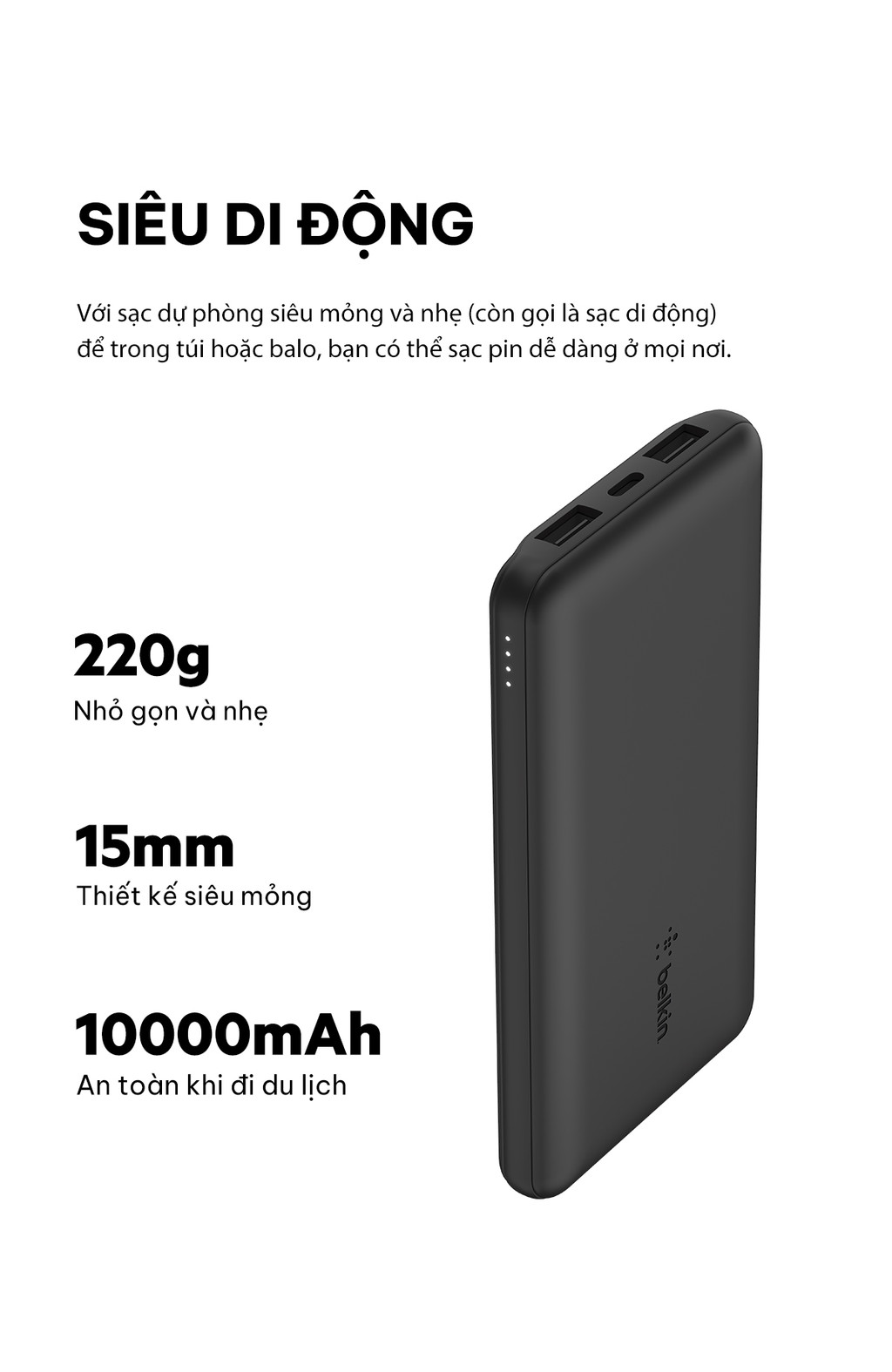 Mô tả Pin sạc dự phòng Belkin Polymer Pocket Power 10,000 mAh, USB-C 15W , cáp đi kèm A-C Belkin (tương thích iPhone 15) - 2