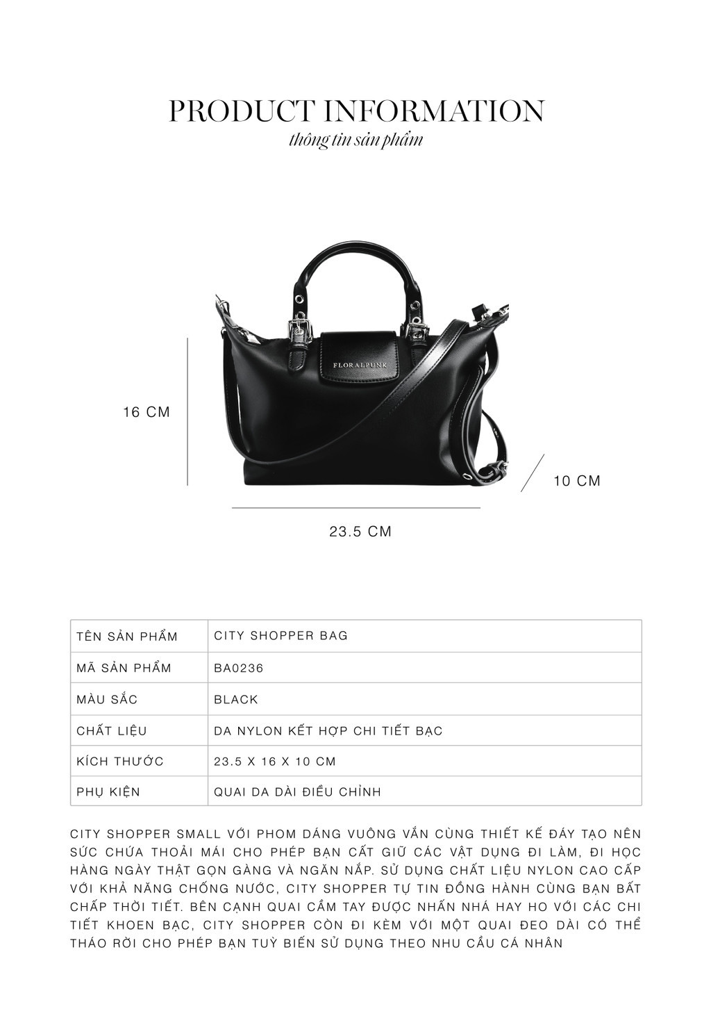 Mô tả Túi Xách Floralpunk City Shopper - Small - Màu Đen - Chất liệu Nylon cao cấp - Đeo chéo - 4