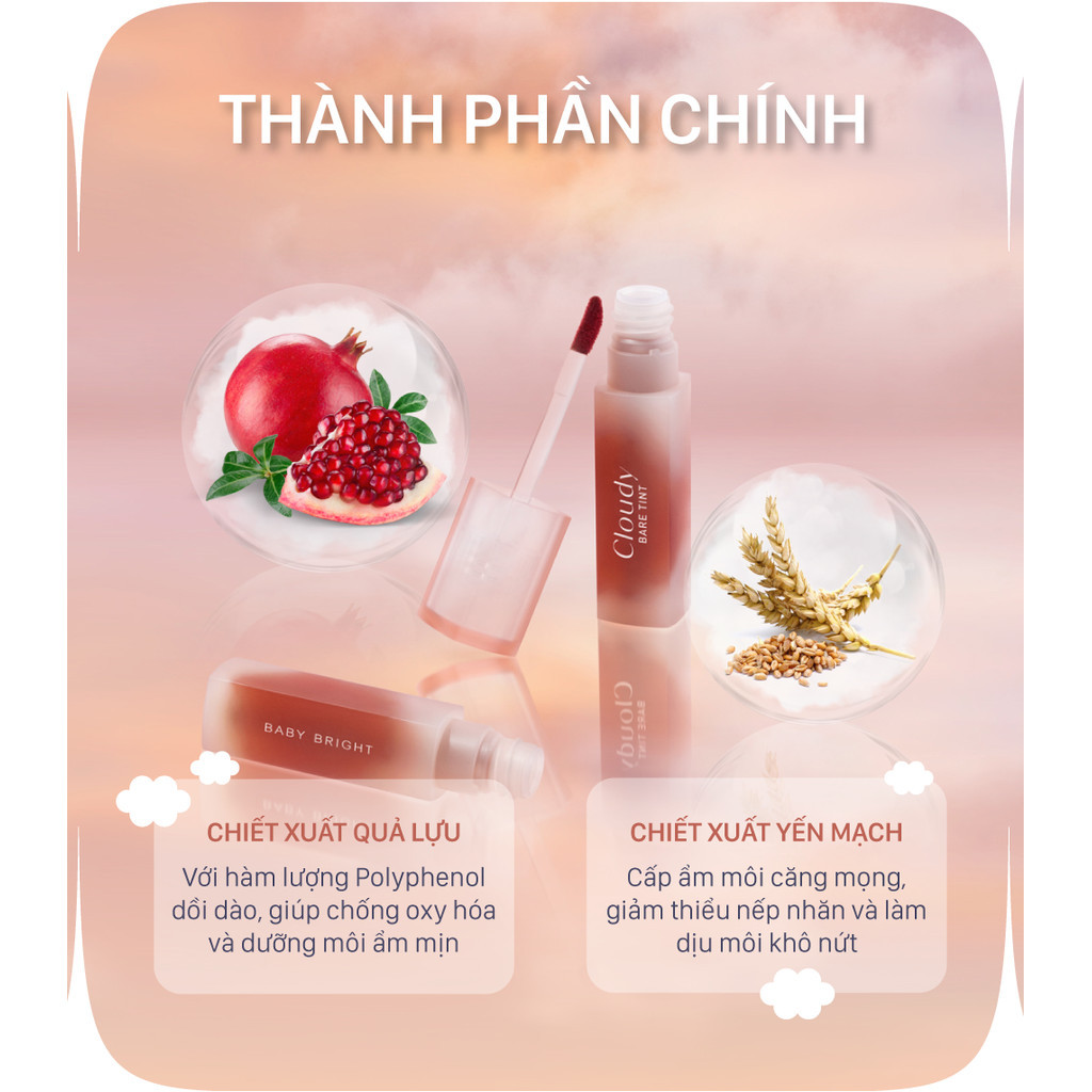 Mô tả Son Tint Lì Siêu Nhẹ Cloudy Baby Bright Bám Màu Chuẩn Sắc 2,6g - 3