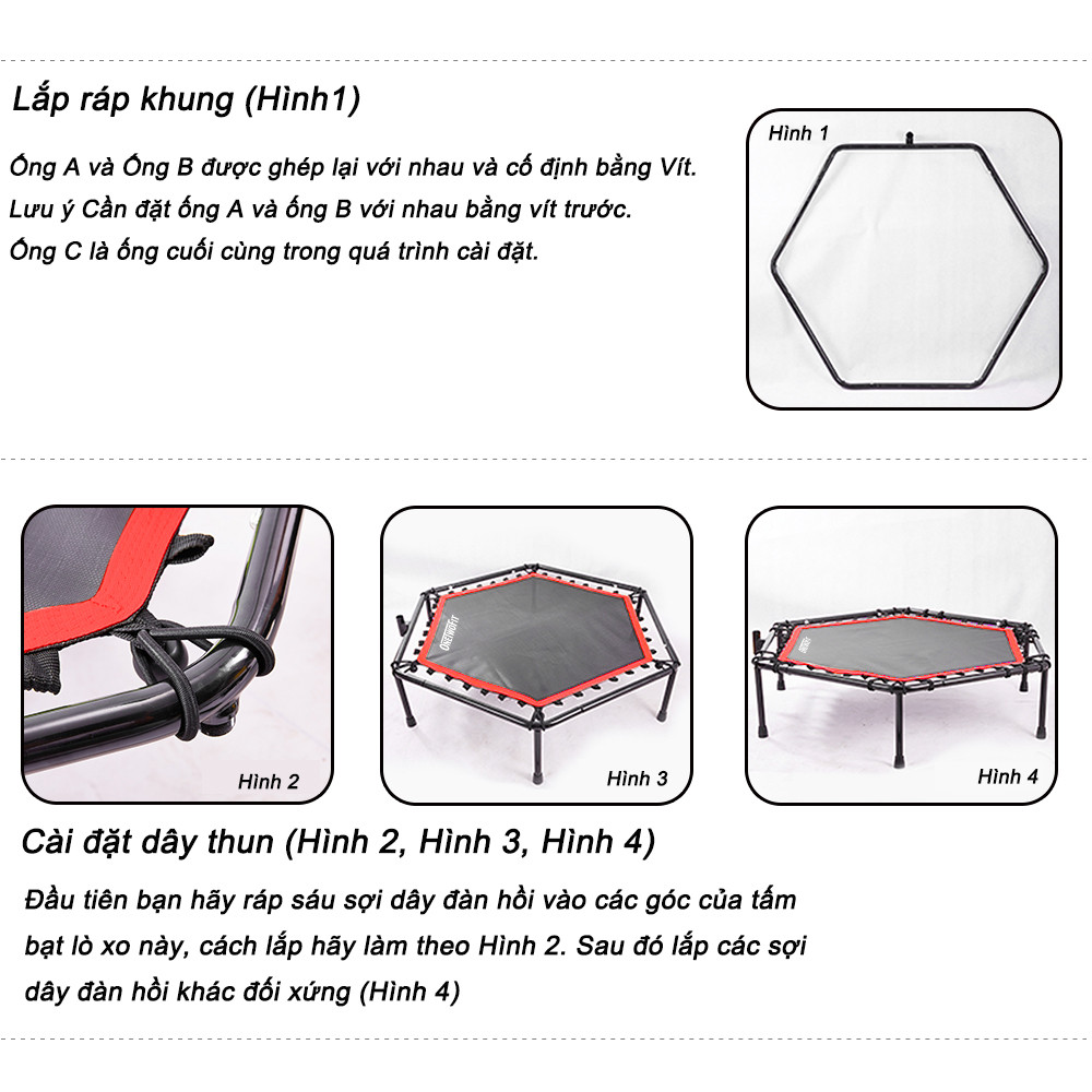 Mô tả OneTwoFit Trampoline Tấm bạt lò xo Có tay cầm Thiết bị thể thao thể dục 136cm điều chỉnh chiều cao - 3
