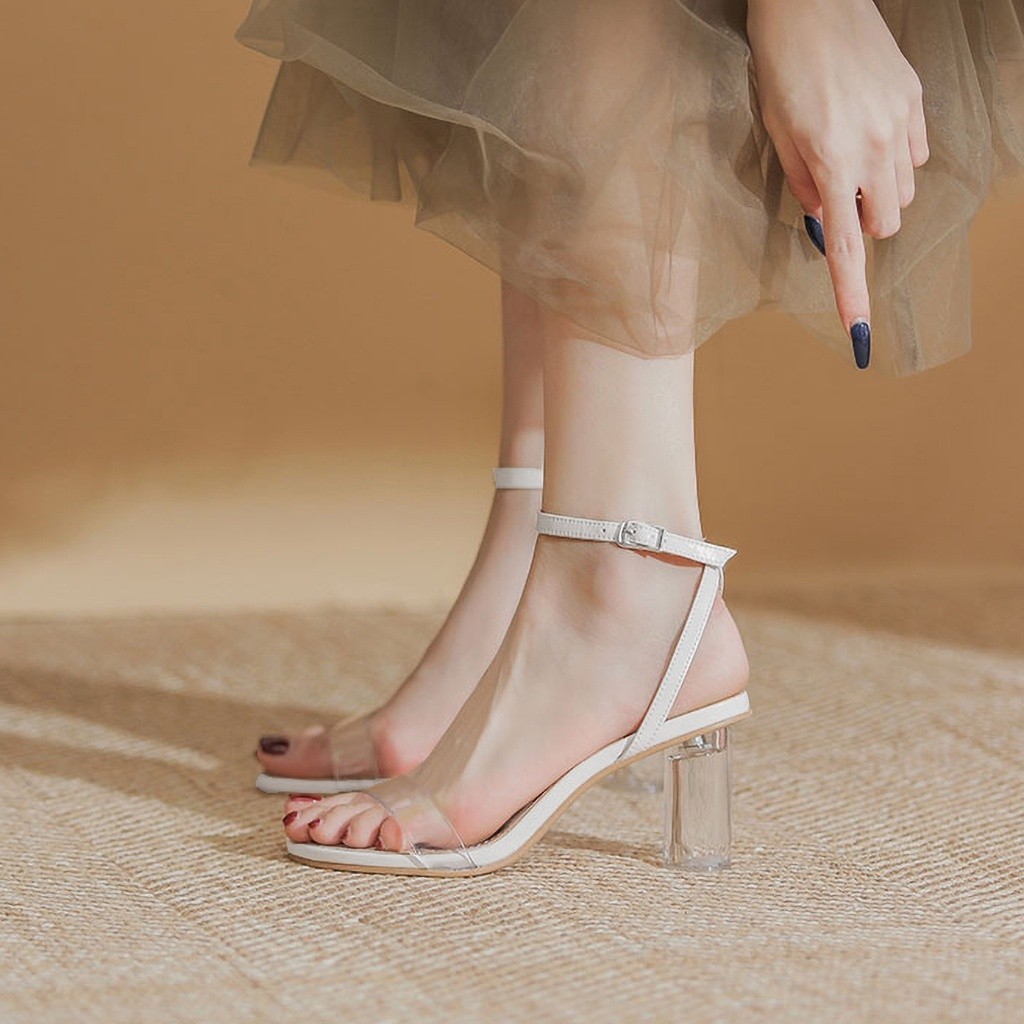 Mô tả Giày cao gót nữ DILY quai mảnh gót trụ tròn trong suốt, sandal cao gót nữ mũi tròn cao 7.5cm_AA0335 - 1