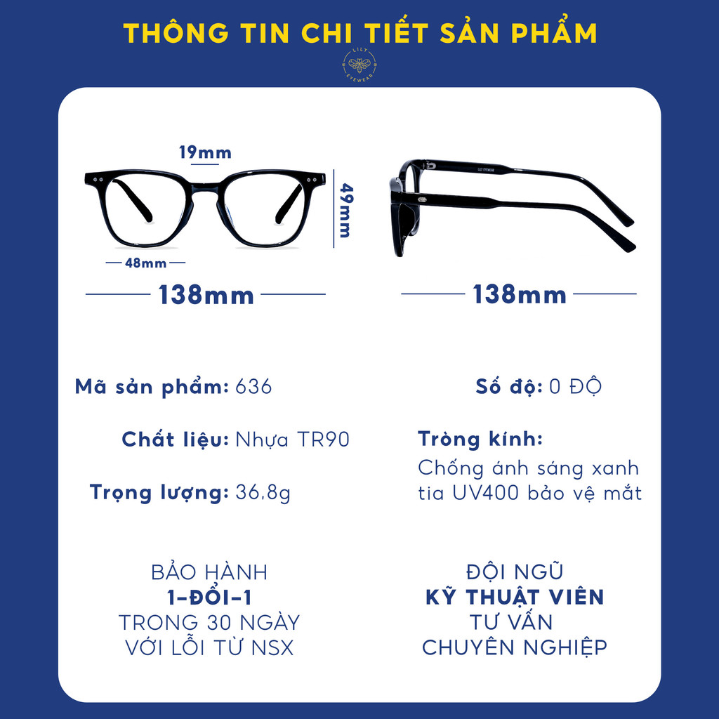 Mô tả Kính cận nam Lily Eyewear chất liệu nhựa cứng cáp mắt vuông giả cận thời trang LUTTO 636 - 3