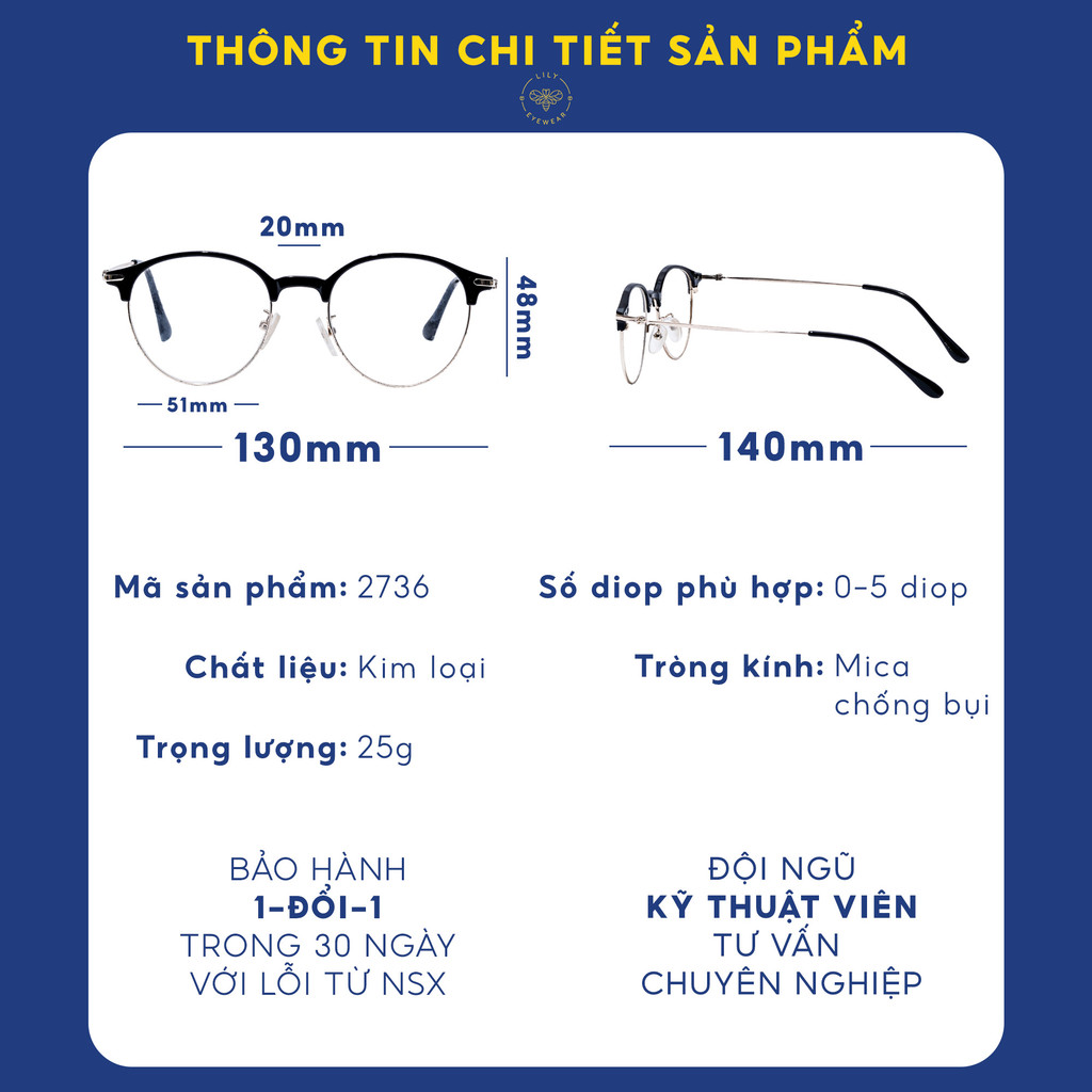 Mô tả Gọng kính cận nam nữ LILYEYEWEAR mắt kính tròn gọng kính kim loại màu sắc thời trang 272336 - 3