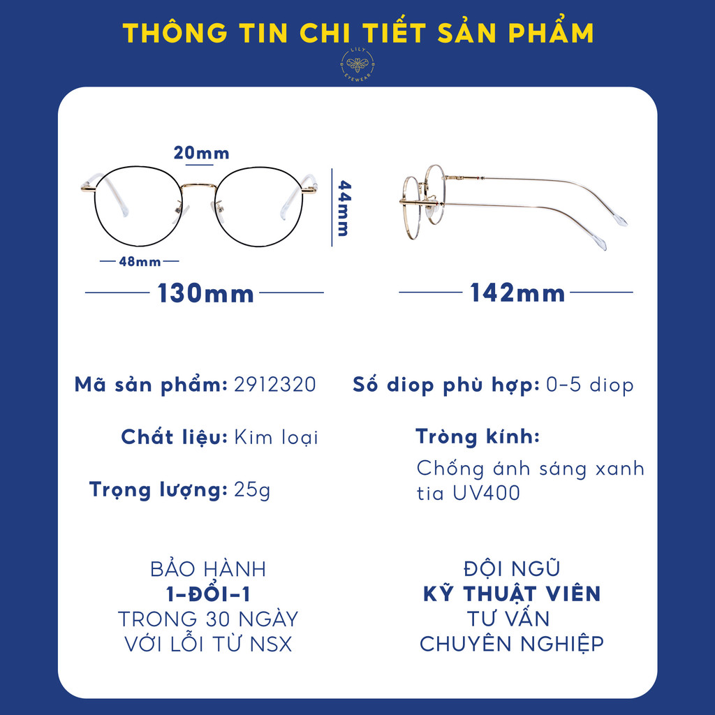 Mô tả Gọng kính kim loại tròn nam nữ LILYEYEWEAR phù hợp mặt nhỏ càng kính nhẹ nhàng màu sắc thời trang 2912320 - 3