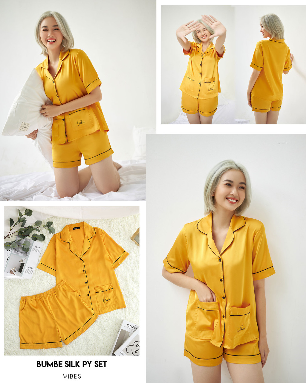 Mô tả VIBES Đồ bộ Pijama ngắn Lụa trơn cao cấp Silk Py Set - 4