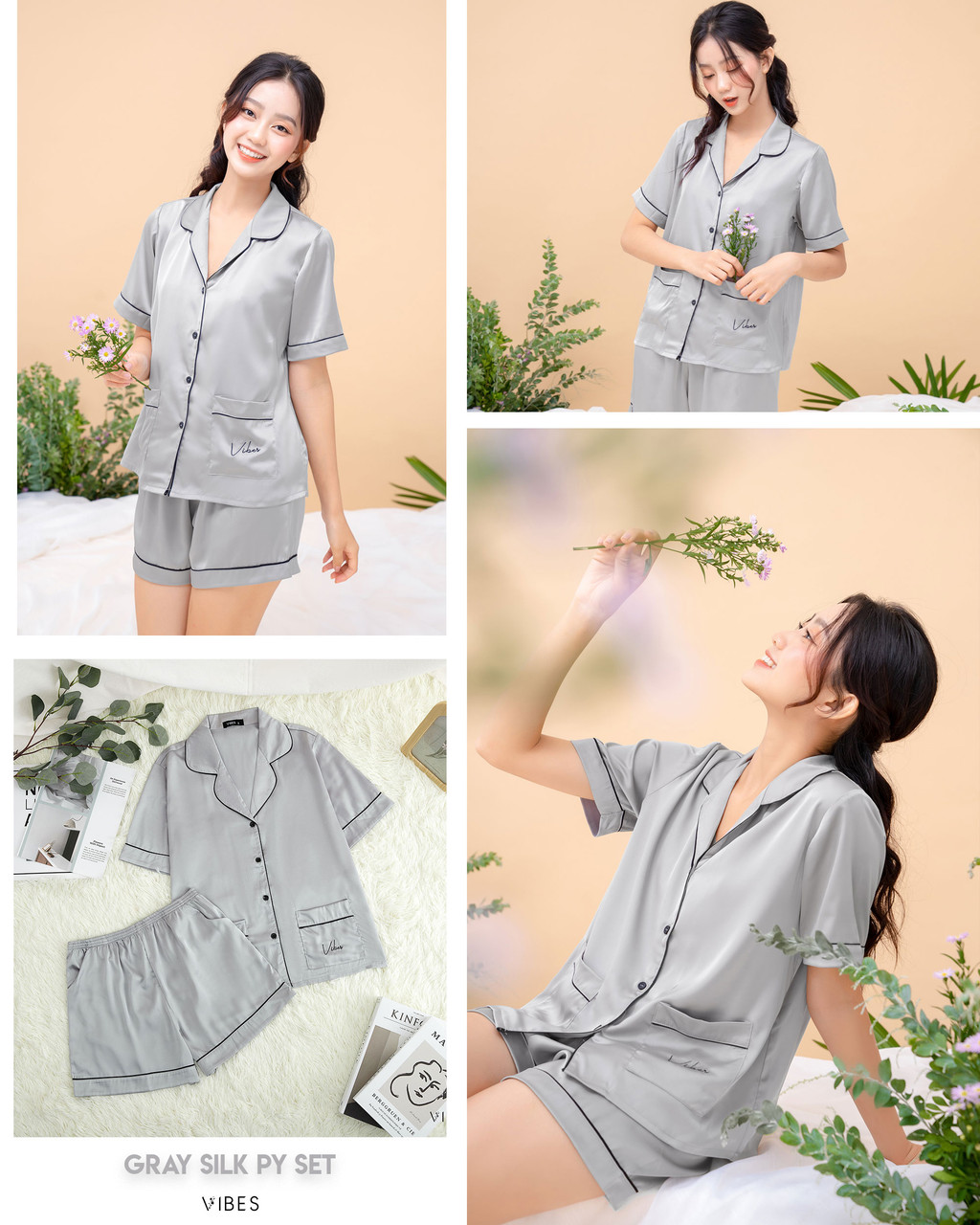 Mô tả VIBES Đồ bộ Pijama ngắn Lụa trơn cao cấp Silk Py Set - 5