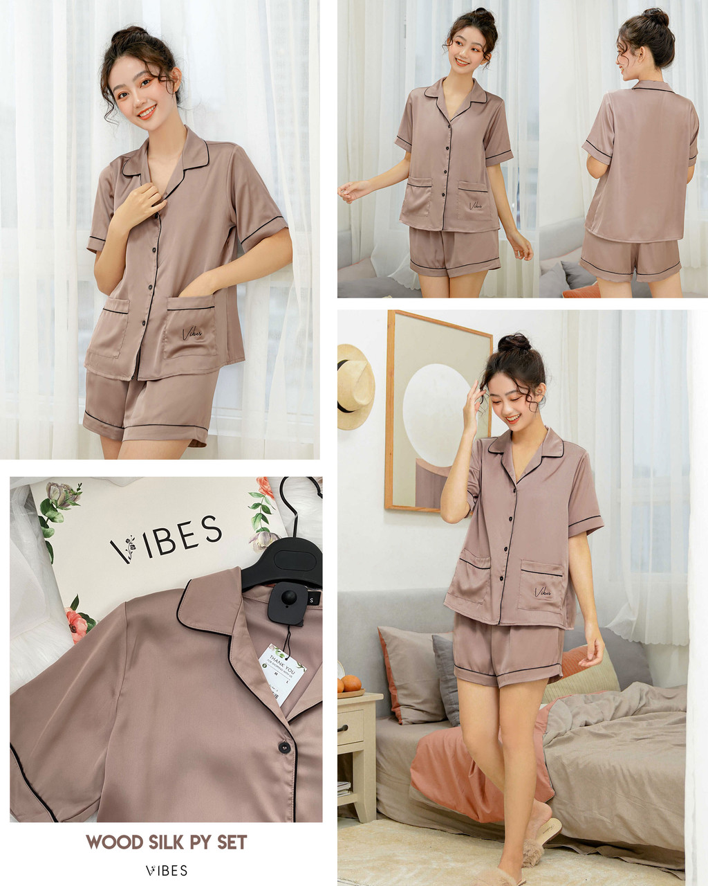 Mô tả VIBES Đồ bộ Pijama ngắn Lụa trơn cao cấp Silk Py Set - 6