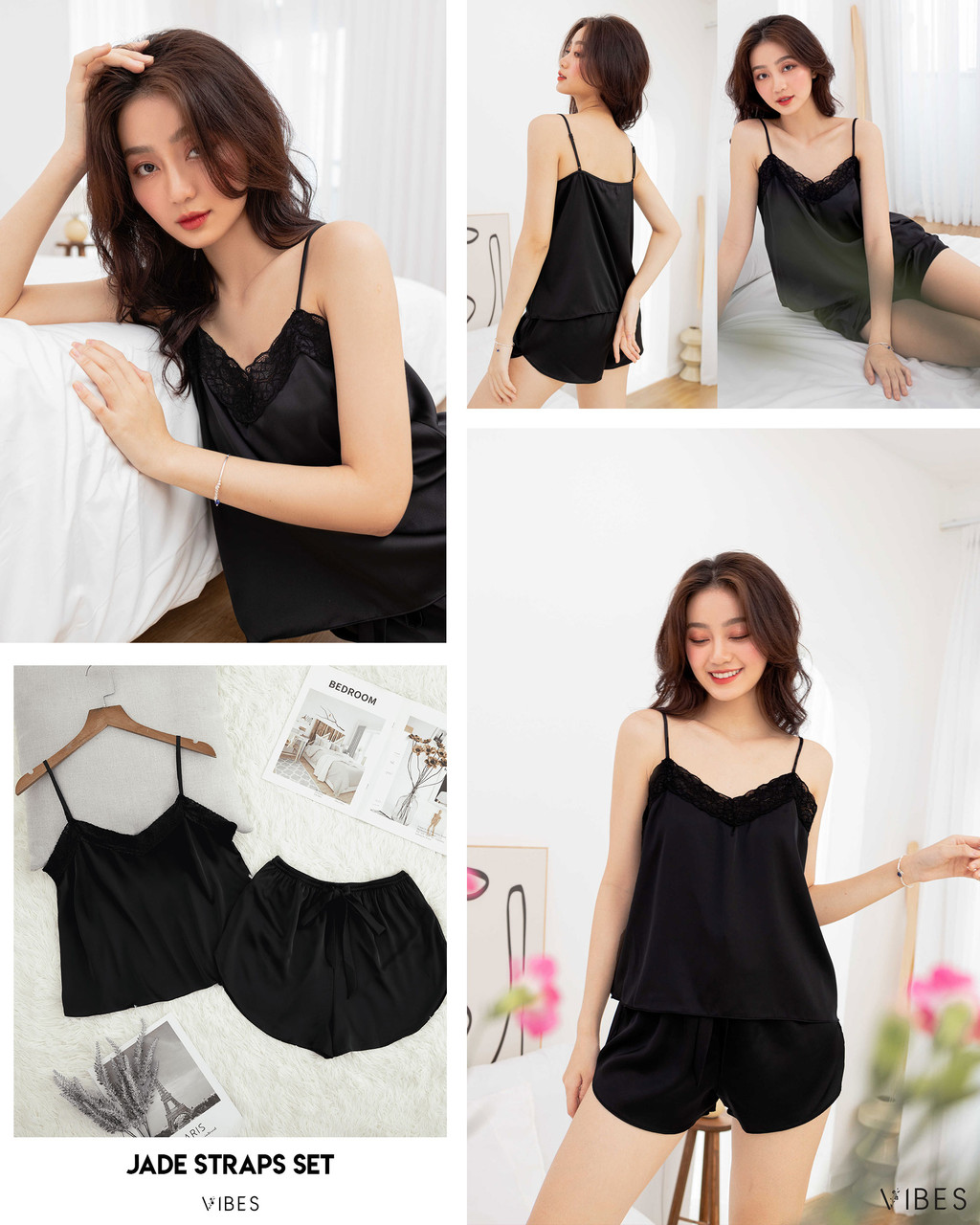 Mô tả VIBES Đồ bộ 2 dây mặc nhà Lụa trơn cao cấp Silk Straps Set - 2
