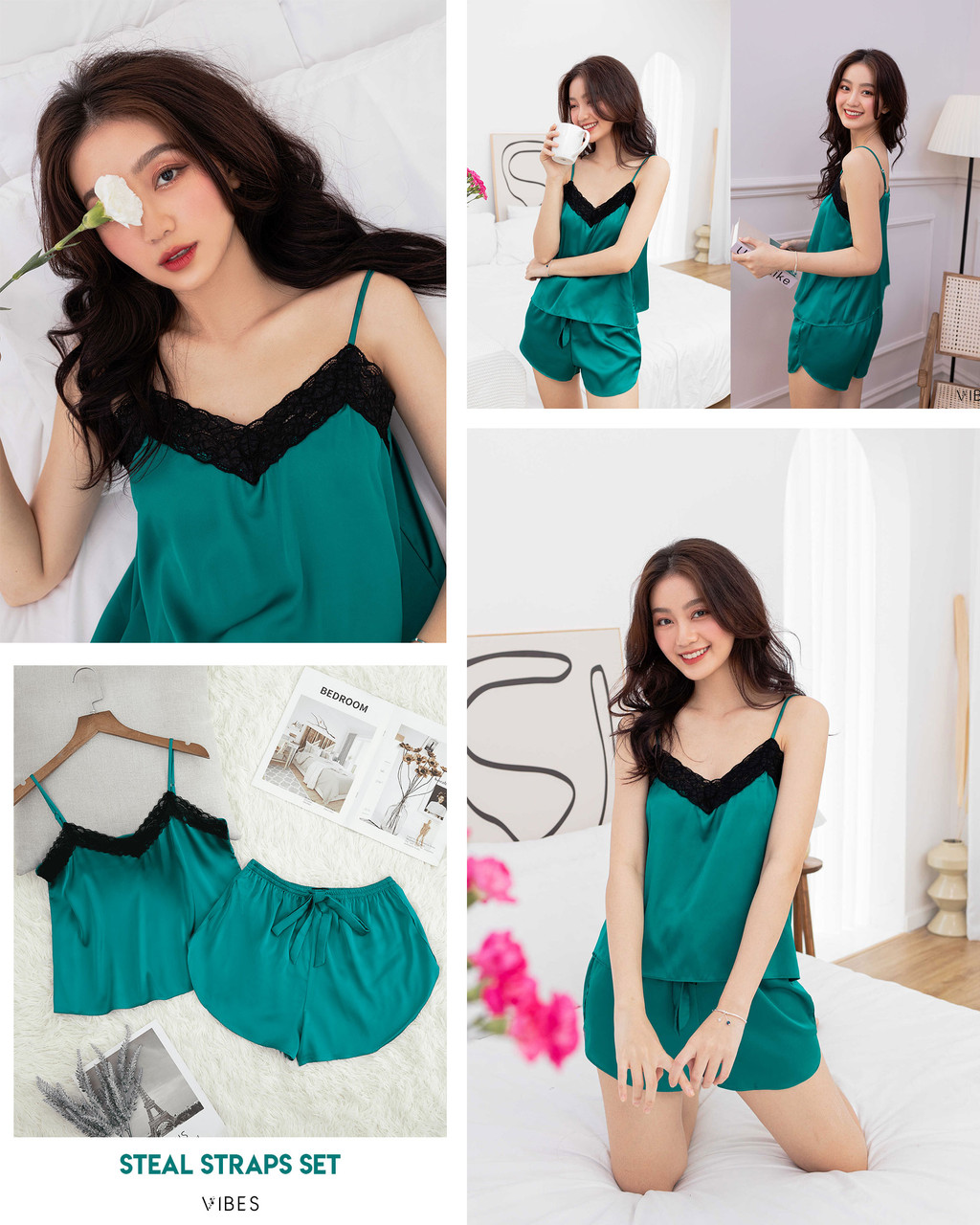 Mô tả VIBES Đồ bộ 2 dây mặc nhà Lụa trơn cao cấp Silk Straps Set - 3
