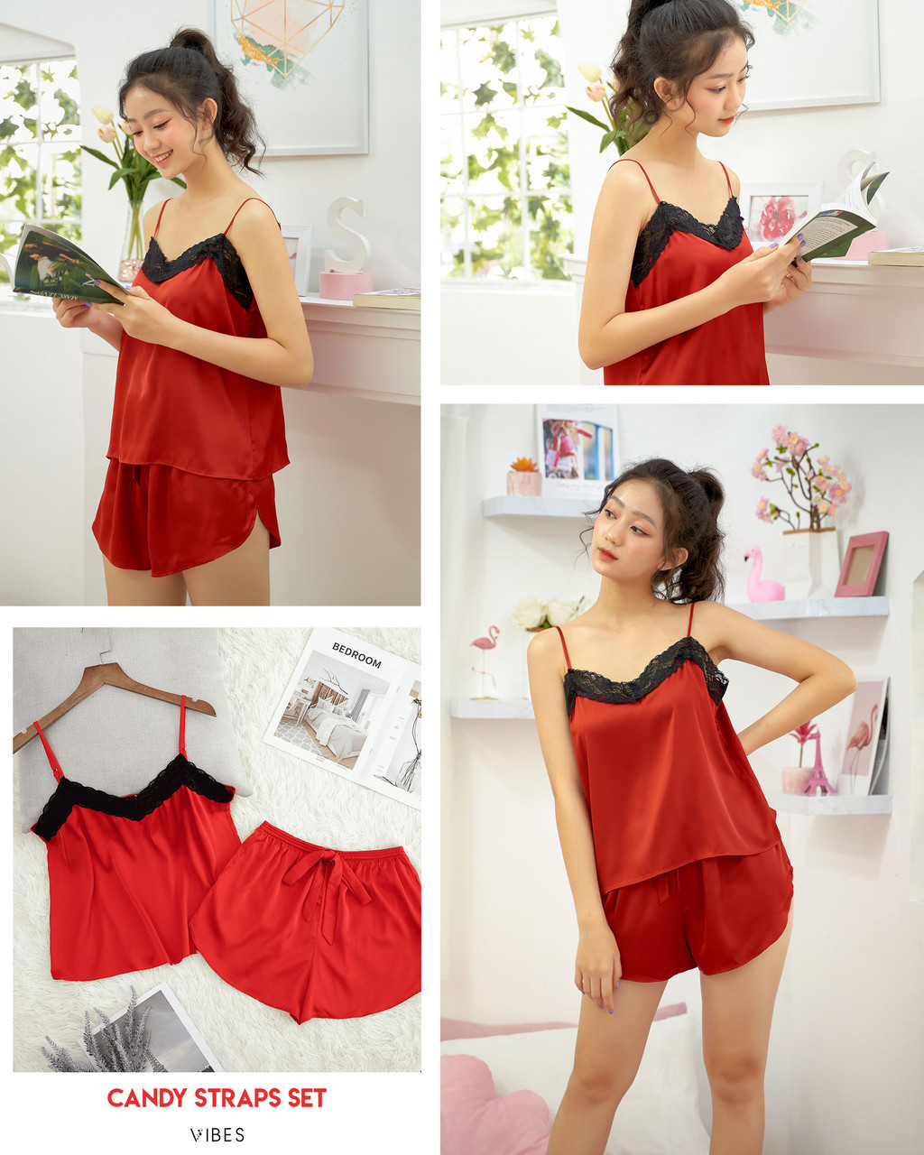 Mô tả VIBES Đồ bộ 2 dây mặc nhà Lụa trơn cao cấp Silk Straps Set - 7