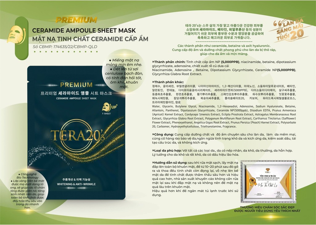 Mô tả Hộp 8 miếng mặt nạ vàng cao cấp Tera20's tinh chất Ampoule sáng da, cấp ẩm, mờ sạm nám 30ml - 1