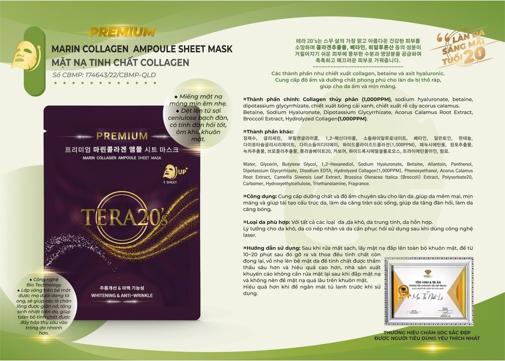 Mô tả Hộp 8 miếng mặt nạ vàng cao cấp Tera20's tinh chất Ampoule sáng da, cấp ẩm, mờ sạm nám 30ml - 2