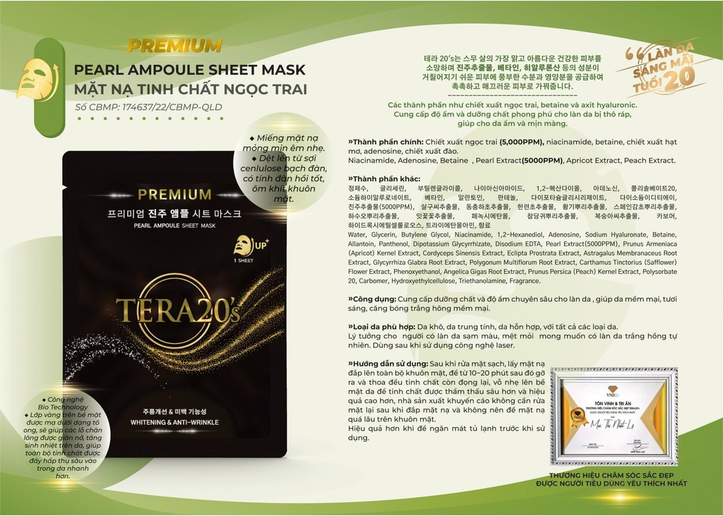 Mô tả Hộp 8 miếng mặt nạ vàng cao cấp Tera20's tinh chất Ampoule sáng da, cấp ẩm, mờ sạm nám 30ml - 3