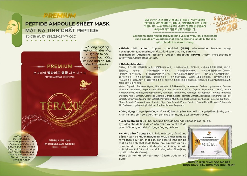 Mô tả Hộp 8 miếng mặt nạ vàng cao cấp Tera20's tinh chất Ampoule sáng da, cấp ẩm, mờ sạm nám 30ml - 4