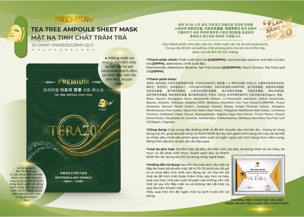 Mô tả Hộp 8 miếng mặt nạ vàng cao cấp Tera20's tinh chất Ampoule sáng da, cấp ẩm, mờ sạm nám 30ml - 6