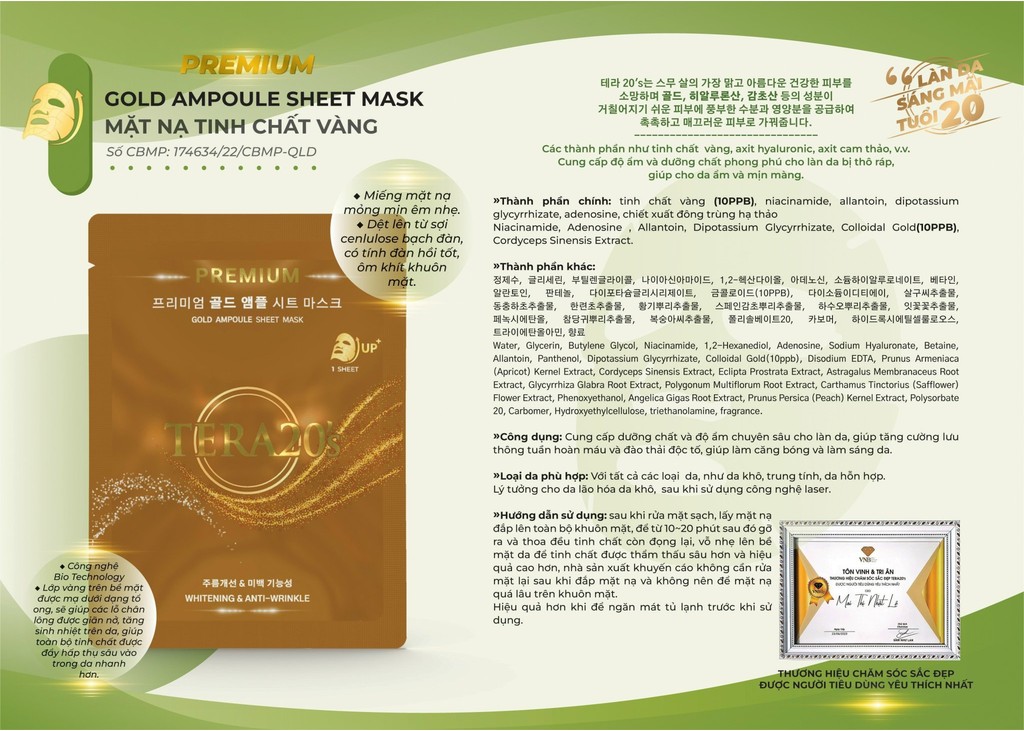 Mô tả Hộp 8 miếng mặt nạ vàng cao cấp Tera20's tinh chất Ampoule sáng da, cấp ẩm, mờ sạm nám 30ml - 7