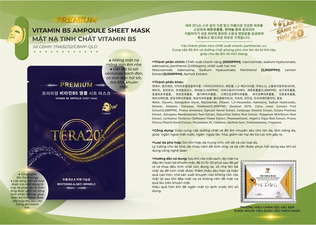 Mô tả Hộp 8 miếng mặt nạ vàng cao cấp Tera20's tinh chất Ampoule sáng da, cấp ẩm, mờ sạm nám 30ml - 8