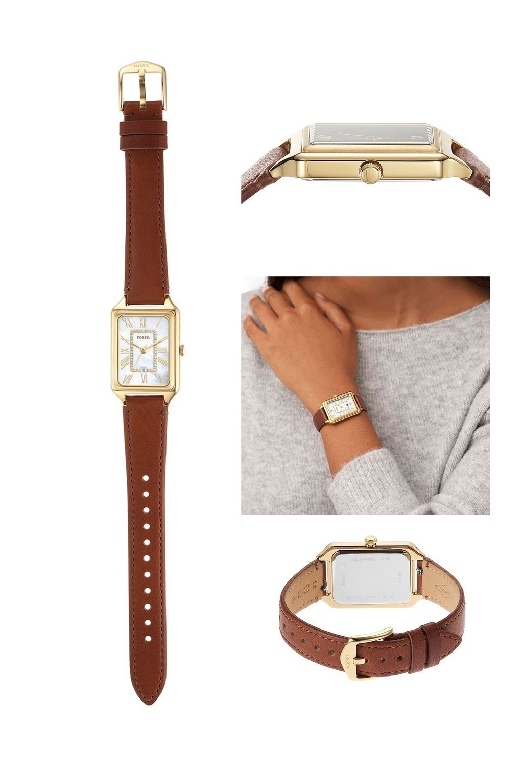 Mô tả Đồng hồ nữ Fossil Raquel dây da thật màu nâu, mặt chữ nhật khảm xà cừ 26 MM, ES5307 - 4