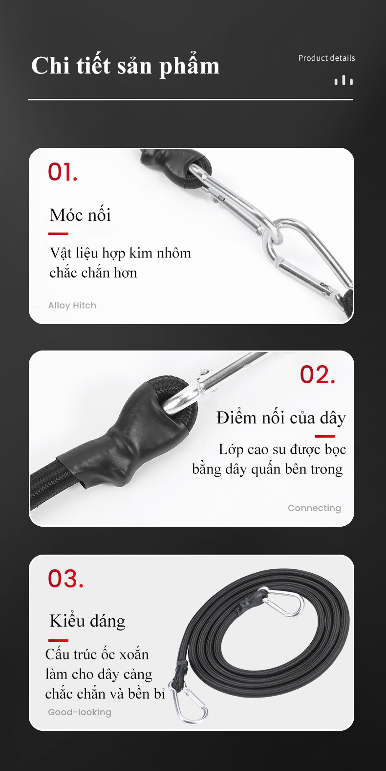 Mô tả Dây thun ràng xe máy MYT Dây đai tròn móc thép đàn hồi buộc hành lý hàng hóa tăng chỉnh 1m 2m 3m 4m - 7