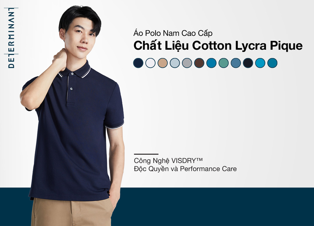 Mô tả Áo thun nam polo DETERMINANT - Cotton cao cấp Visdry kháng nước thấm hút tối đa - P01-04 - màu navy phối cả viền trắng - 1