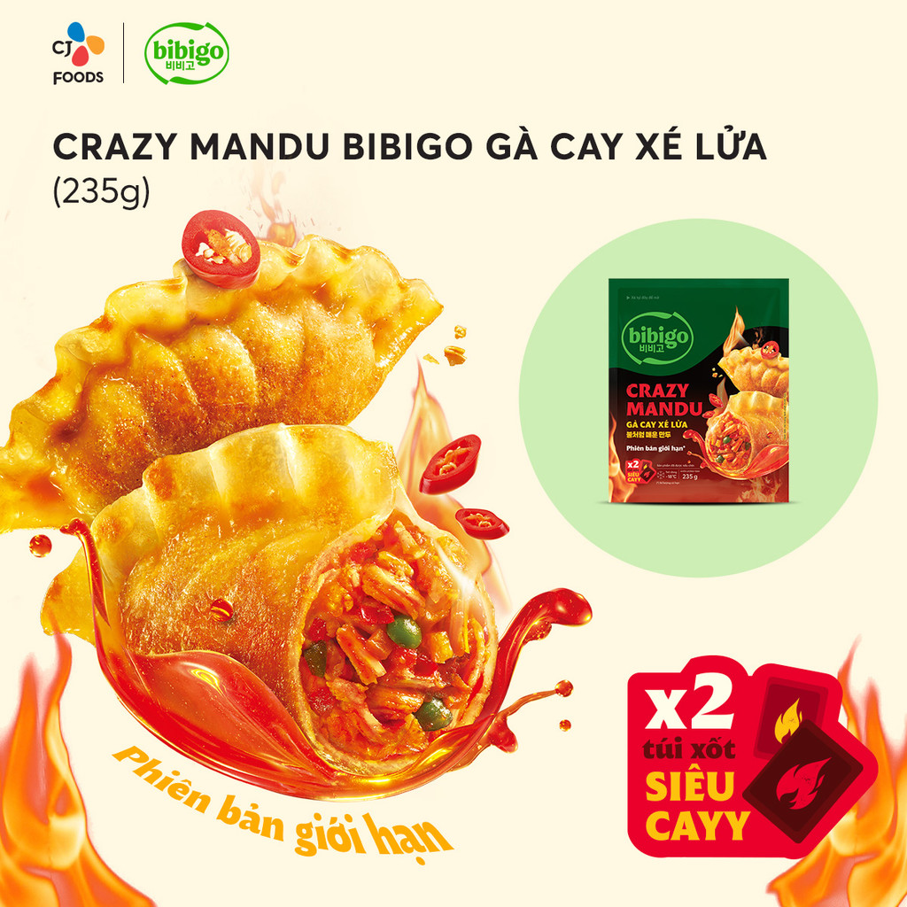 Mô tả Mandu Gà Cay xé lửa Crazy Mandu Bibigo 235g (kèm 2 gói xốt siêu cay bên trong) - 1