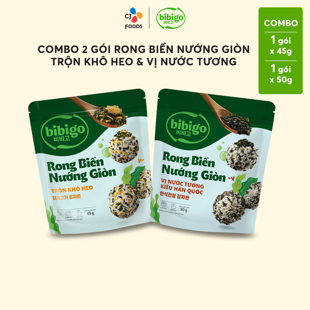 Mô tả Combo 2 gói Rong biển nướng giòn rắc cơm trộn cơm Hàn Quốc Bibigo - Vị Nước Tương & Cá Hồi (50g + 45g) - 1