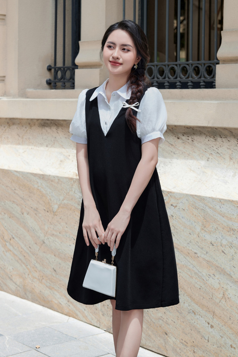 Mô tả Váy bầu, đầm bầu tay bồng LIZ Dress thiết kế giả yếm thanh lịch, sang trọng tiểu thư chất liệu chéo hàn mềm mại L'amme - 2