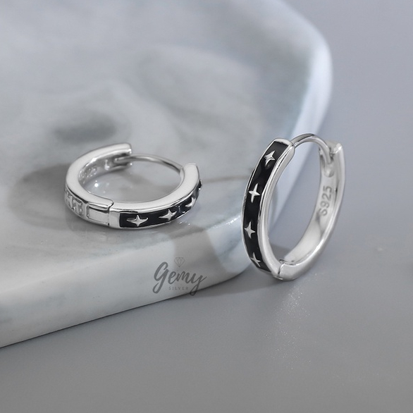 Khuyên tai tròn nam bạc nguyên chất màu đen trắng Spotlight unisex (1 chiếc) | GEMY SILVER KN73