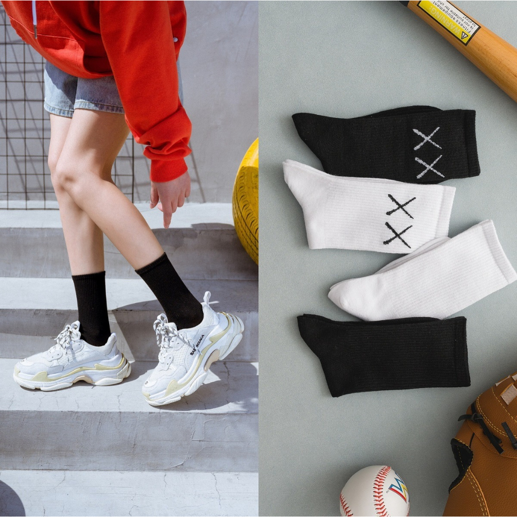 Tất cổ cao trơn XX nam nữ 3B đen trắng chất cotton mềm mịn