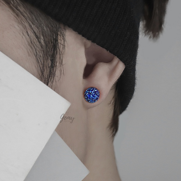 Khuyên tai nam tròn bạc 925 chốt thẳng chùm pha lê nhân tạo trắng đen xanh Merlin 2 unisex (1 chiếc)|GEMY SILVER KN88