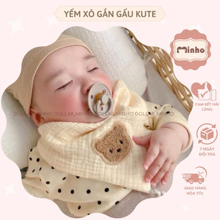 Yếm xô muslin gắn gấu, thỏ lông xù đáng yêu 2 nấc cài, cúc nhựa trắng