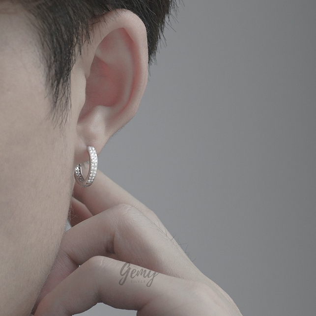 Khuyên tai nam bạc tròn đính đá cá tính lịch lãm unisex Audrey 2 (1 chiếc) | GEMY SILVER KN44
