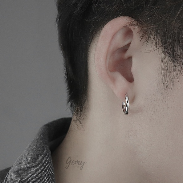 Khuyên tai nam tròn bạc S925 xi bạch kim trơn xoắn đơn giản unisex Ali 3 | GEMY SILVER KN81