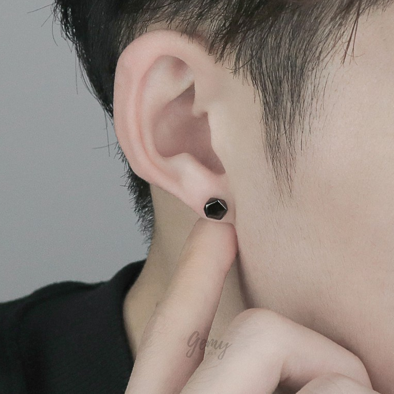 Khuyên tai nam bạc 925 màu đen lục lăng đơn giản, unisex (1 chiếc) | GEMY SILVER KN34