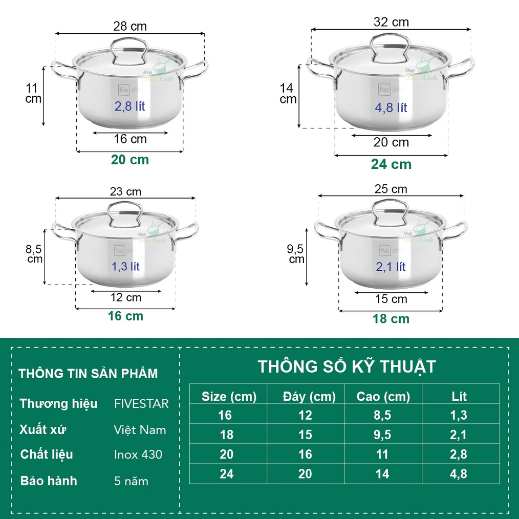 Ảnh Nồi inox 3 đáy sandwich inox 430 cao cấp Fivestar Standard bếp từ nắp kính (16cm -24cm) 4