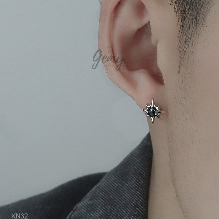 Khuyên tai nam nữ bạc 925 đính đá đen Dark King cá tính  unisex (1 chiếc) | GEMY SILVER KN32