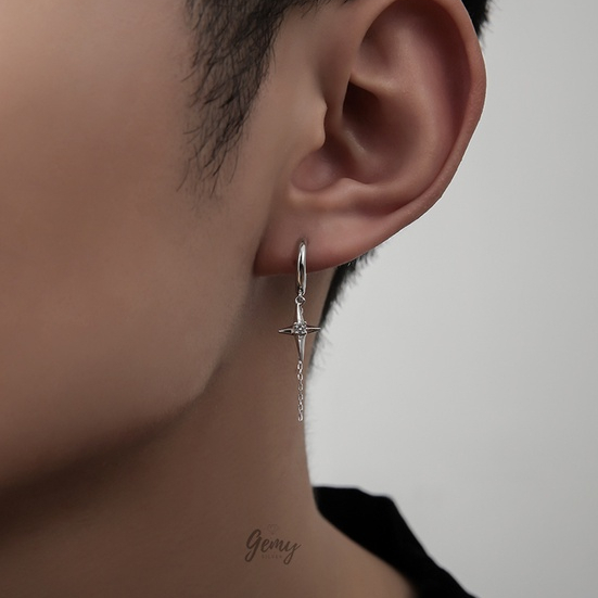 Khuyên tai nam tròn bạc nguyên chất ngôi sao móc mắt xích phong cách unisex Star Light 2 (1 chiếc) | GEMY SILVER KN78