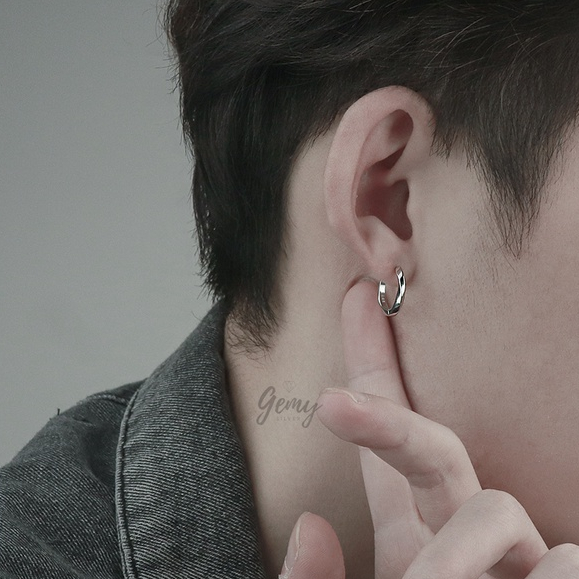 Khuyên tai nam tròn bạc S925 xi bạch kim trơn xoắn đơn giản unisex Ali 3 | GEMY SILVER KN81