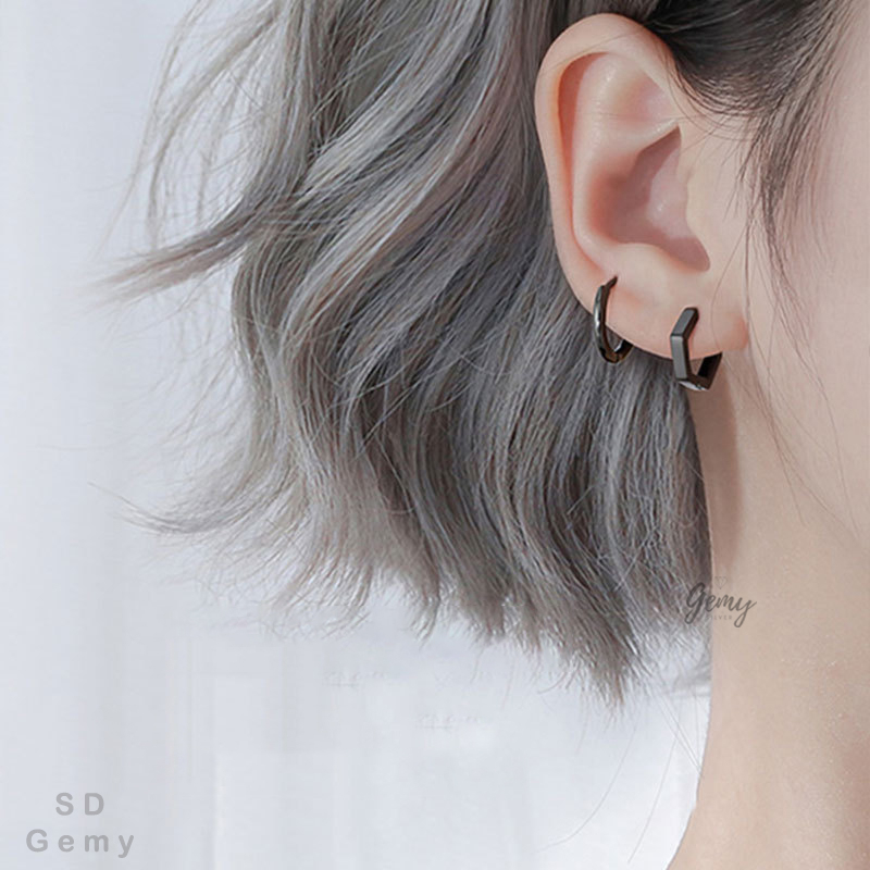 Khuyên tai bạc tròn nam nữ màu đen s925 nhiều mẫu độc lạ unisex (1 chiếc) | GEMY SILVER KN93