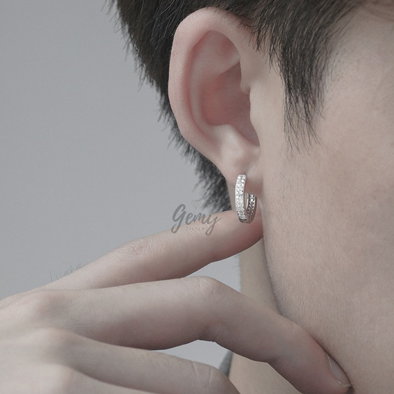 Khuyên tai nam bạc tròn đính đá cá tính lịch lãm unisex Audrey 2 (1 chiếc) | GEMY SILVER KN44