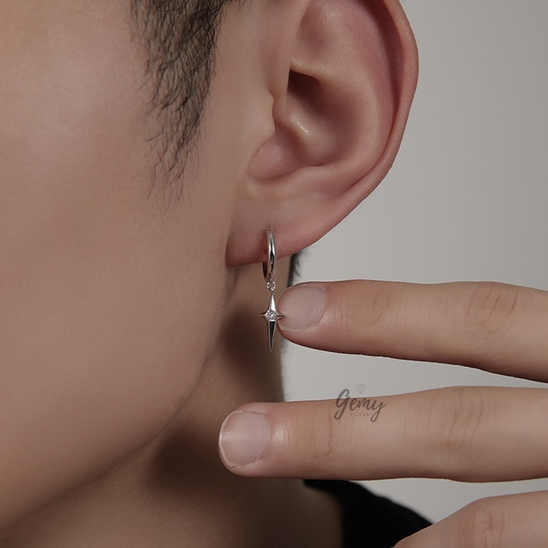 Khuyên tai nam tròn bạc nguyên chất ngôi sao móc mắt xích phong cách unisex Star Light 2 (1 chiếc) | GEMY SILVER KN78