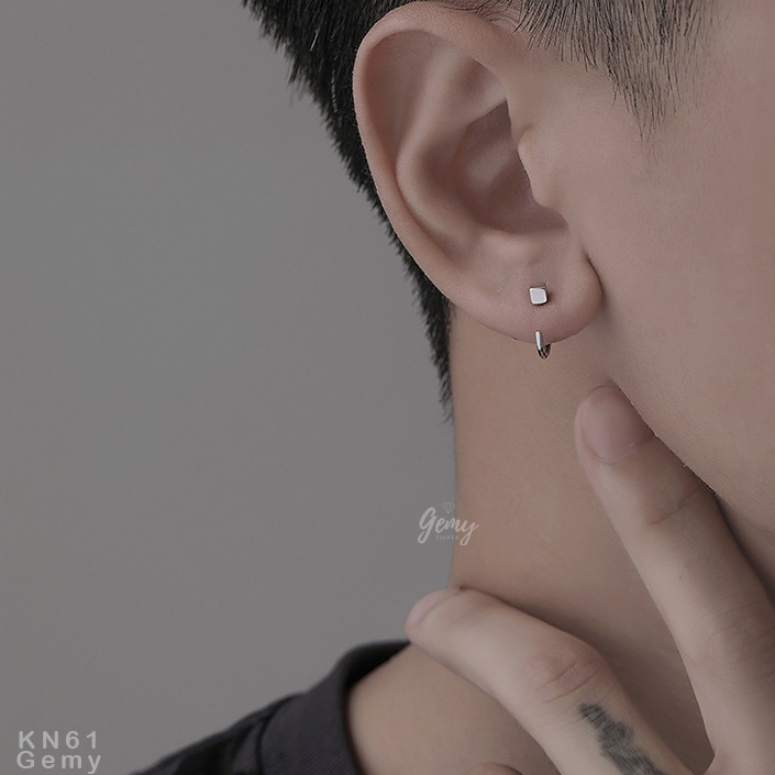 Khuyên tai nam bạc tròn mặt hình vuông móc cong unisex basic (1 chiếc) | GEMY SILVER KN61