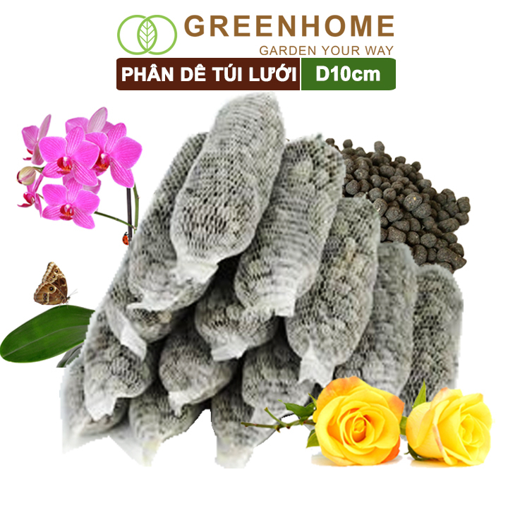 Phân dê túi lưới Greenhome, dài 10cm, đã qua xử lý, không mùi, kích rễ, hoa phong lan, hoa hồng