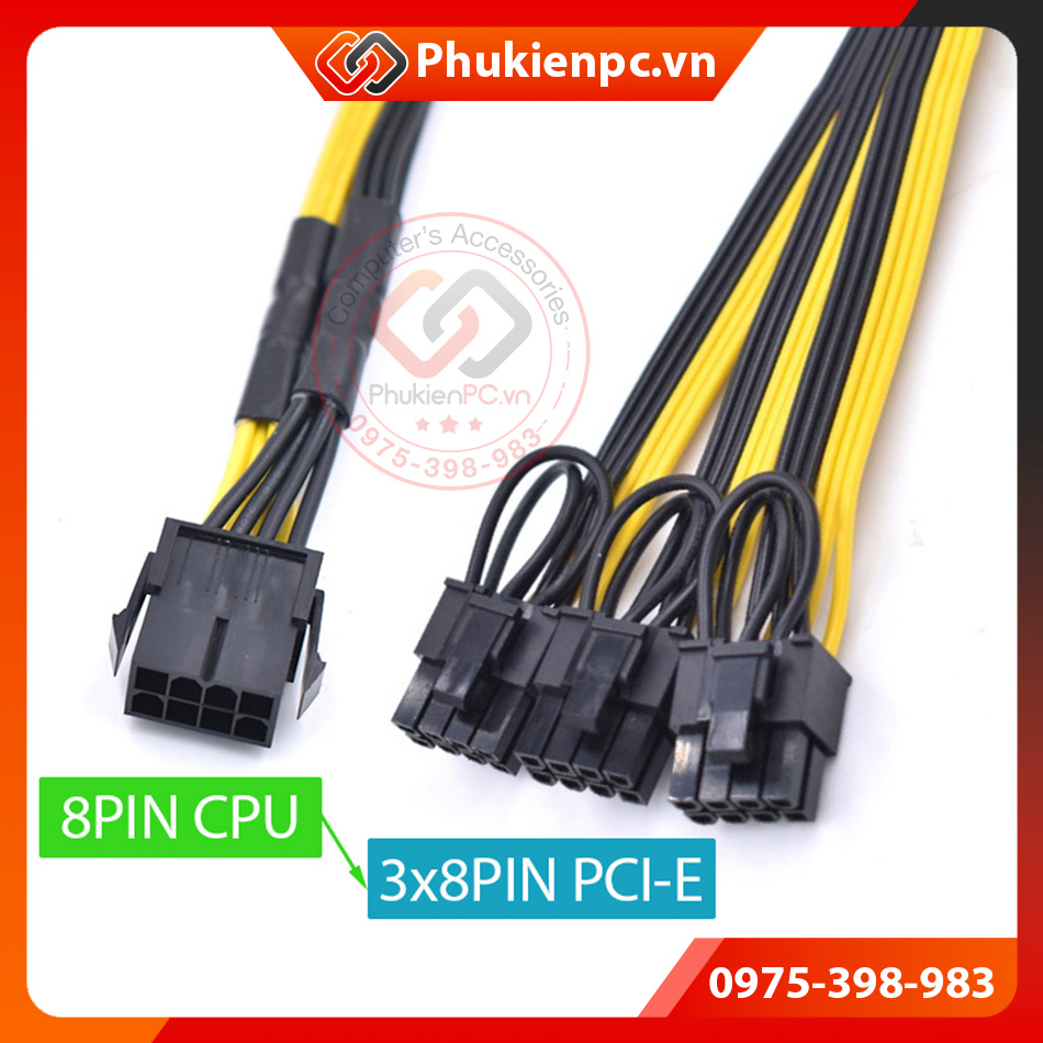 Dây cáp chuyển đổi nguồn 8Pin CPU sang 3 8Pin PCIe 6+2Pin cho Card đổ ...